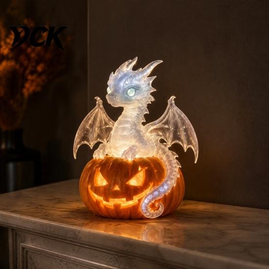 Lighted Desktop Night Light Halloween Pumpkin Dragon Statue, LED Glowing Resin Figurine Fantasy Crystal Statue with Warm Light, Spooky Desk