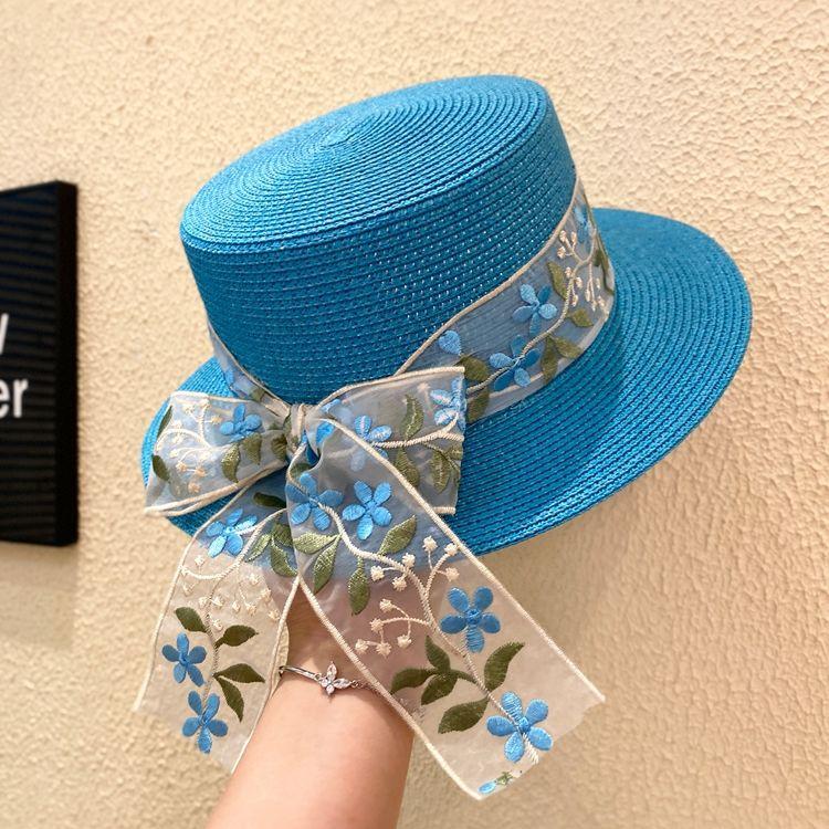 Женская соломенная плетеная шляпа-цилиндр с короткими полями, летняя, кружевная, вышитая, фиолетовая, с плоским верхом, солнцезащитная и защищающая от солнца, соломенная шляпа