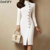 Women's Fashion Spring Fall Solid Color Print Long Sleeve Stand-Neck High Waist Casual Dresses