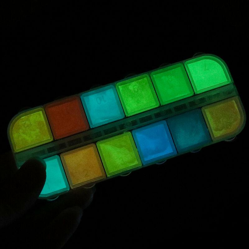 12 Nail Art Glitter Powder Ultra Fine Glow In the Dark Pigment Tips Decoration