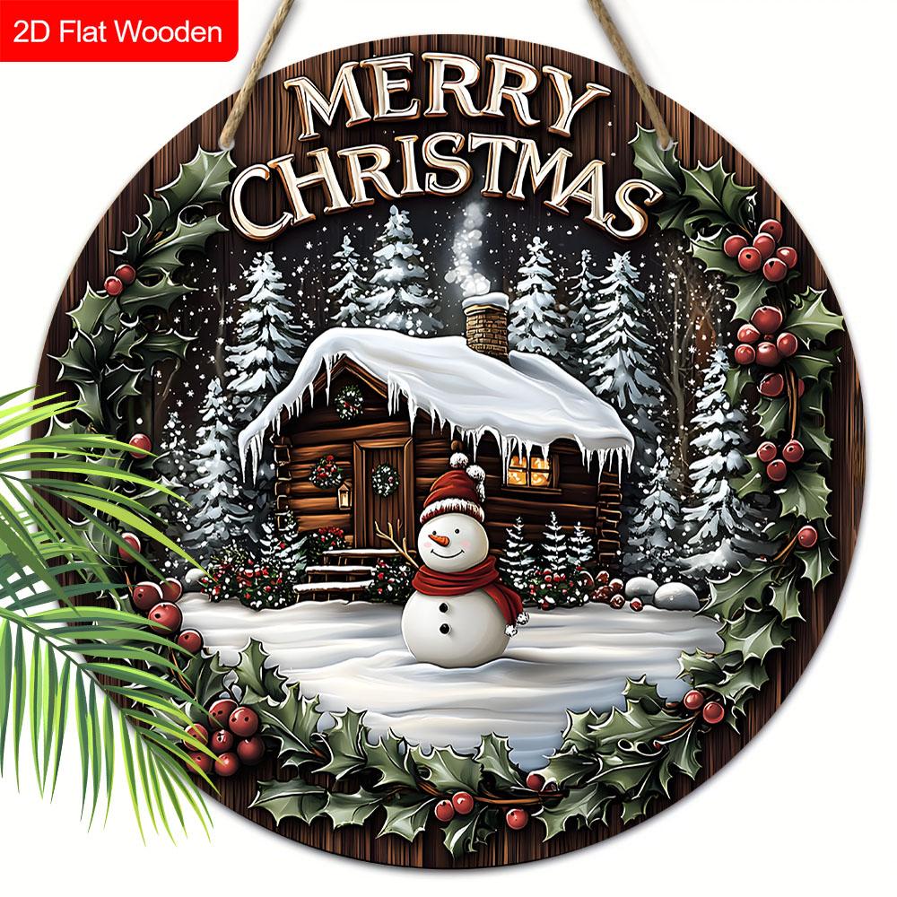 Warm Winter Wooden Christmas Sign with Snow House & Snowman Pattern - Navidad Round Sign for Front Door Wall Hanging Decor - Ideal Christmas Gift