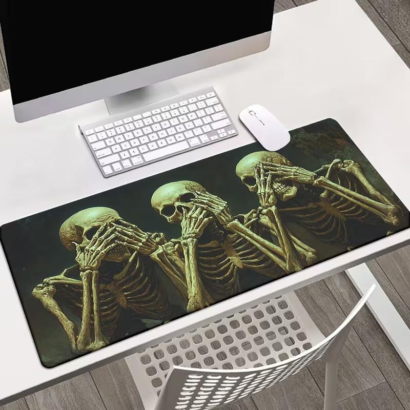 Large Black Desk Mat With Funny Skeleton Making Peace Sign, Anti‑Slip Gaming Mousepad For PC Setup