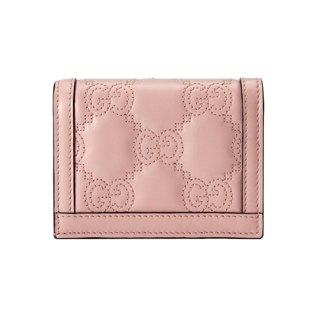 Gucci GG Embossed Blush Pink Leather Card Case Wallet With Gold Tone Interlocking G Logo For Women Luxury Daily Use
