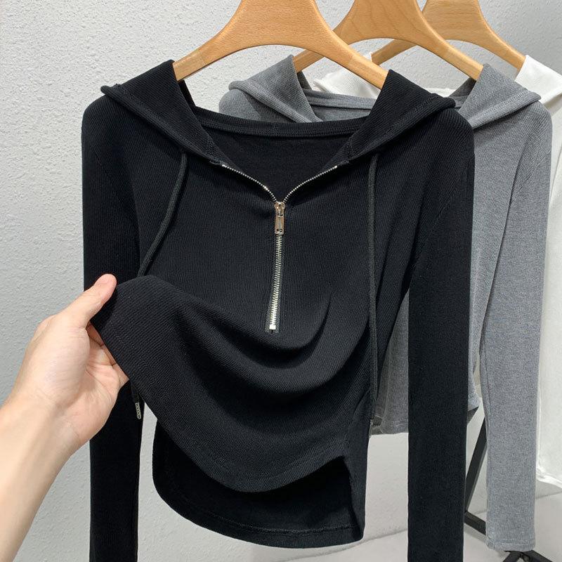 Черная толстовка с капюшоном на половину молнии для женщин, новый весенний стиль с капюшоном, повседневная рубашка с поясом