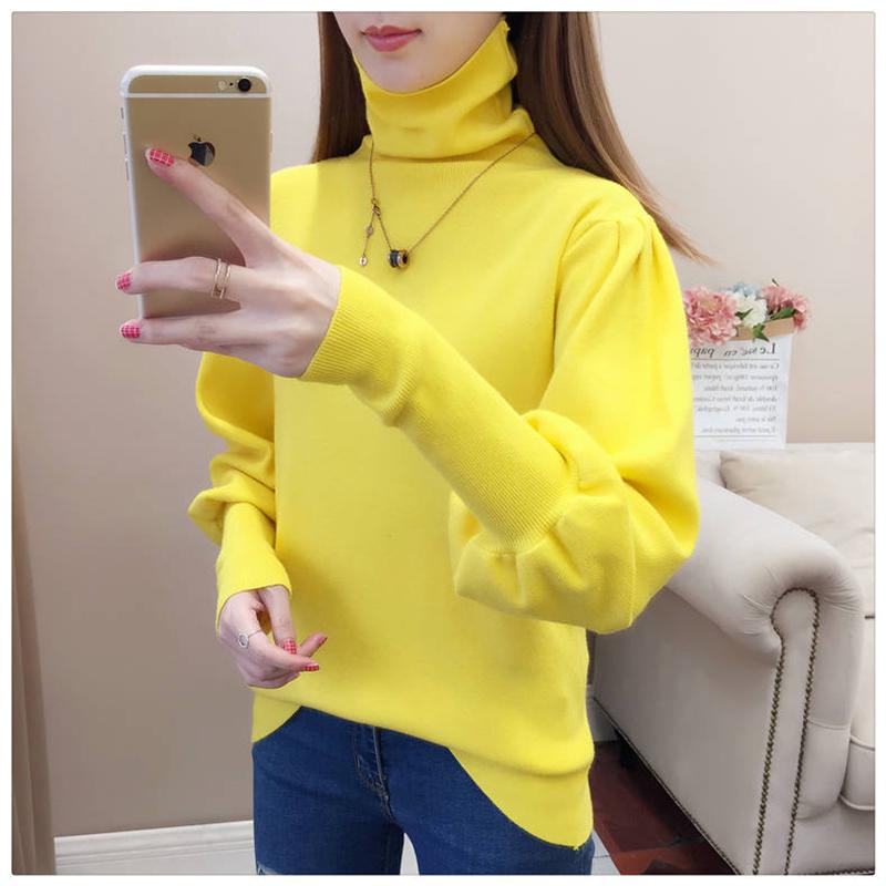 Женский пуловер с высоким воротником, свитер, теплый зимний свободный вязаный джемпер с рукавами-фонариками больших размеров