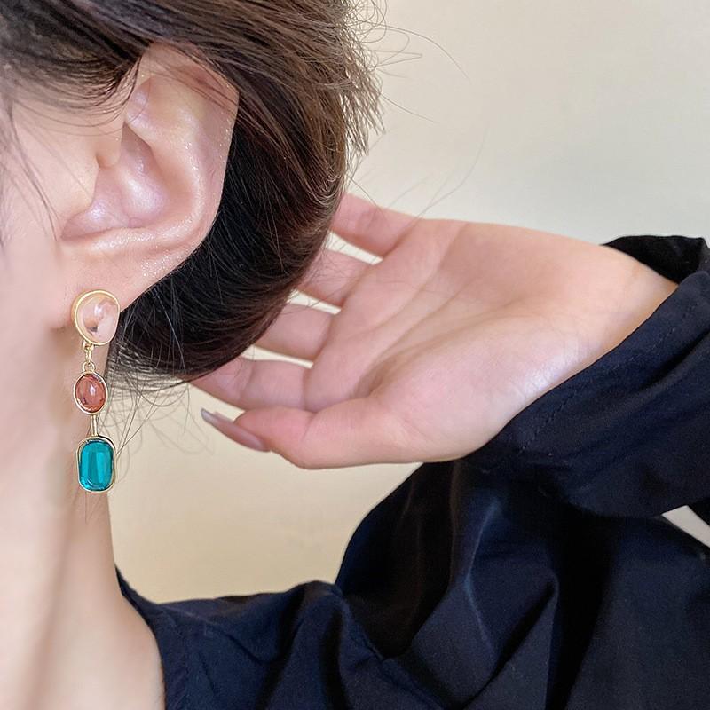 Three Color Square Rhinestones Drop Earrings for Women Korean Sweet Acrylic Beads Dangle Earrings Party Trendy Jewelry