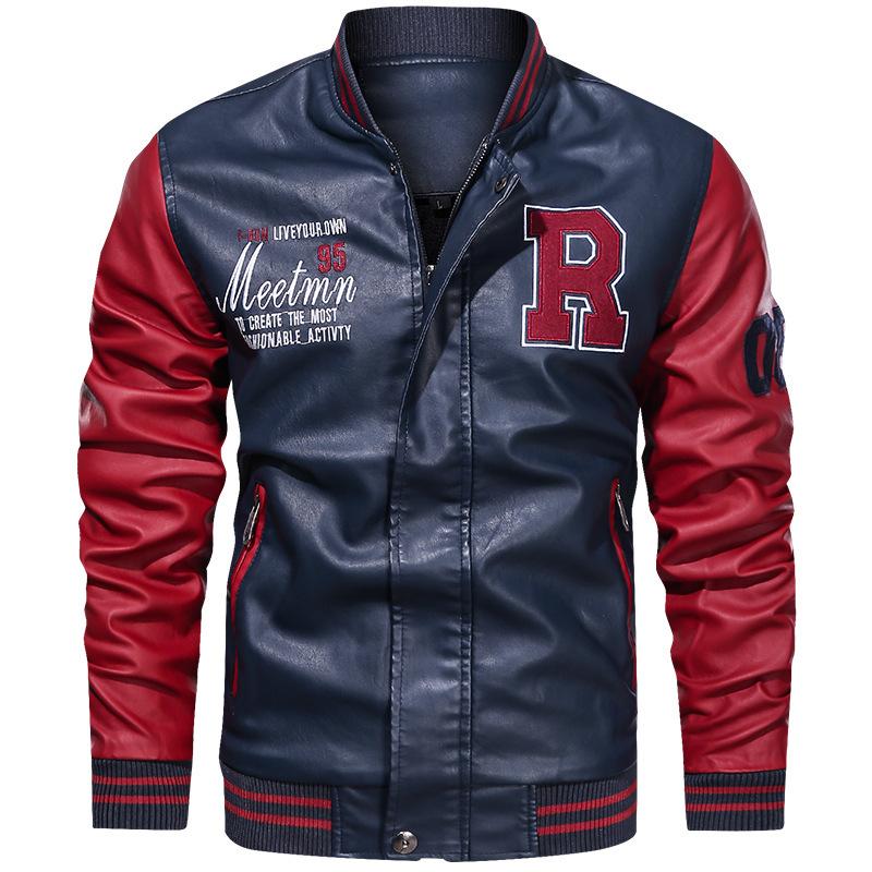Spring and Autumn Youth Baseball Jacket Fleece PU Leather Jacket Men's Motorcycle Jacket