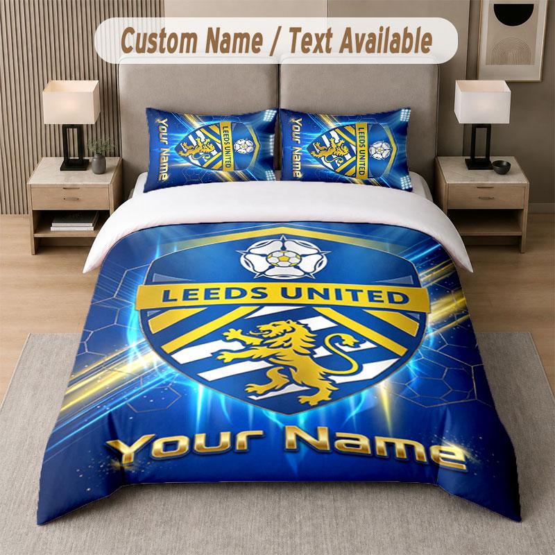 Custom Bedding Set Leeds United Pattern, Print Name Text 1 Duvet Cover plus 2 Pillowcases Home Textile
