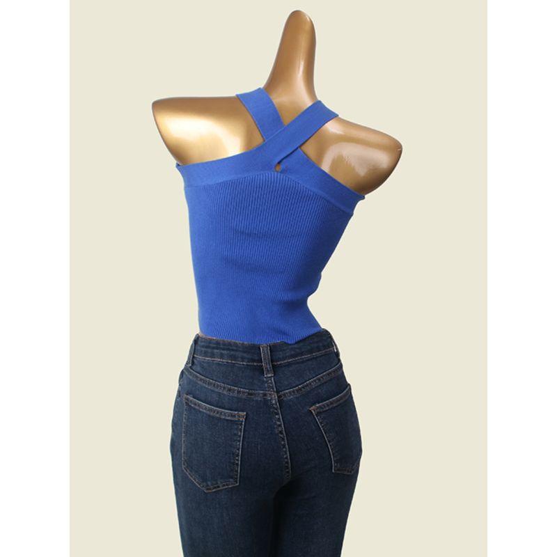 European and American Fashion Short Cami Classic Women Clothes Hanging Neck off-Shoulder Cross Elastic Texture Knit