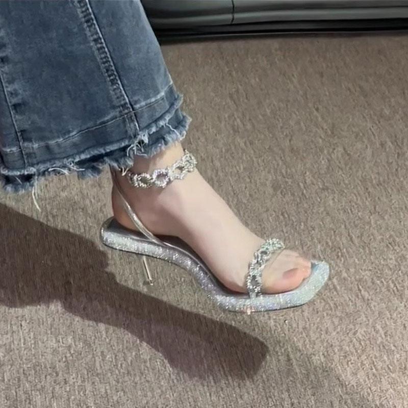 Fashion Square Toe Female Sandal High Heels Women's Shoes Silver Buckle Strap 2025 Summer Girls High-heeled Open New Rhinestone