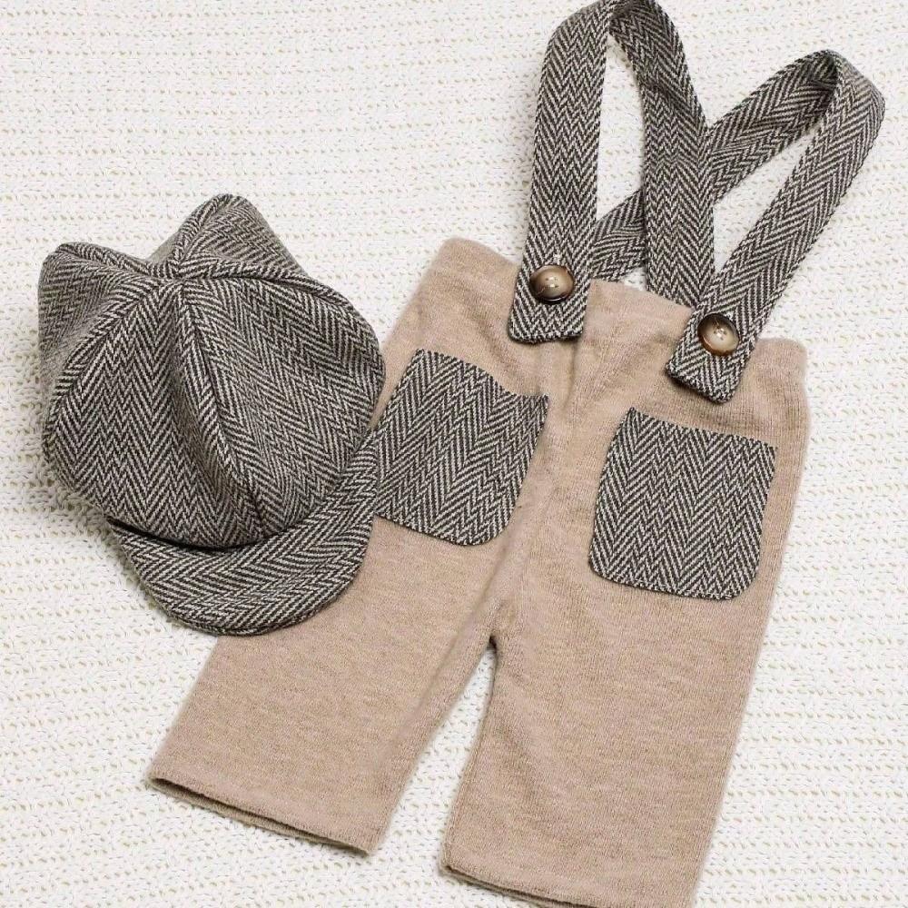 Suspender Romper Newborn Photography Outfit Newsboy Hat Baby Romper Set Baby Photo Shoot