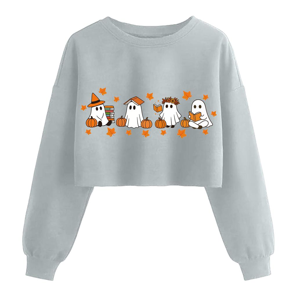 Женский модный пуловер с длинным рукавом и принтом на Хэллоуин, открывающий живот