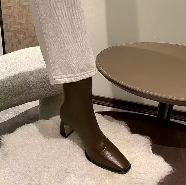 Сапоги с квадратной головкой и толстым каблуком и ботильонами, темпераментные эластичные короткие сапоги на высоком каблуке, женские универсальные удобные мягкие тонкие сапоги из кожи