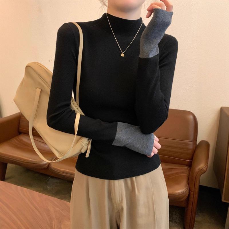 Contrasting Color Semi-turtleneck Knitted Sweater Women's Clothing Spring Autumn and Winter Slim-fit Inner Top Black Bottoming Shirt
