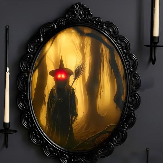 Witch Hologram Wall Mirror Spooky Halloween Glowing Ghost Mirror with Creepy Eyes for Indoor Bathroom Haunted House Decor