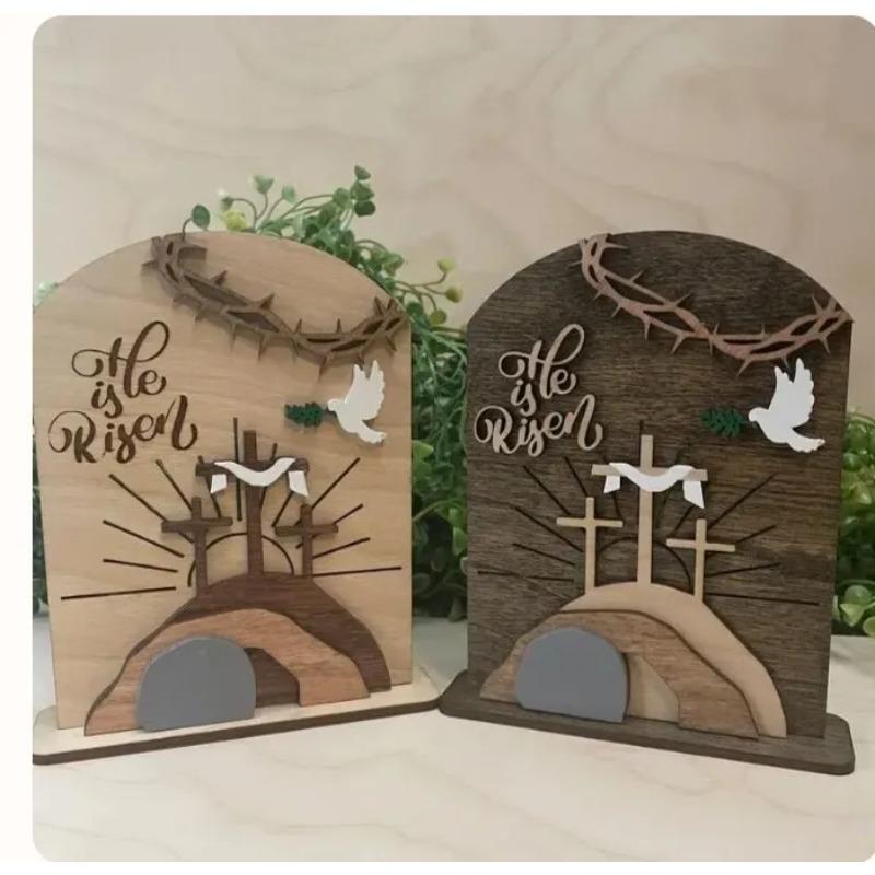 He Is Risen Decor Wooden Easter Resurrection Scene Empty Tomb Table Decorations Indoor Catholic Acrylic Sculpture