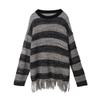 Полосатый ажурный трикотаж, женский весенне-осенний модный свитер в стиле ретро, ​​свободная повседневная блузка с длинным рукавом с кисточками и дизайном