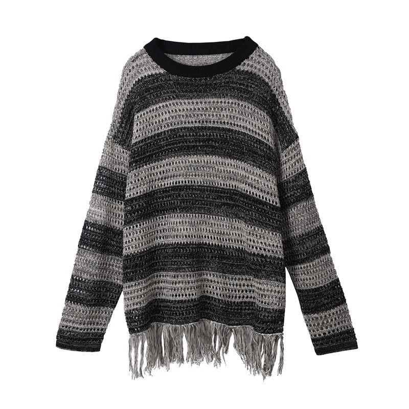 Полосатый ажурный трикотаж, женский весенне-осенний модный свитер в стиле ретро, ​​свободная повседневная блузка с длинным рукавом с кисточками и дизайном