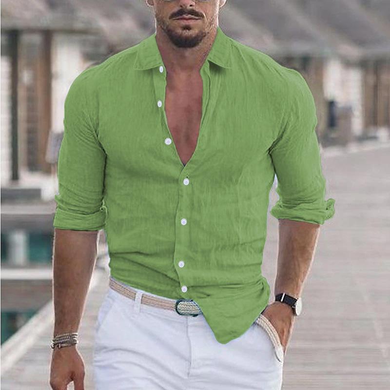 Fashion Men's Shirts Summer Cotton Linen Lapel Beach Shirt Long-sleeved Solid-coloured Shirts Casual Versatile Tops