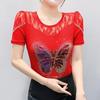 Summer New Sexy Off Shoulder Lace T-Shirt Women's Shiny Butterfly Hot Diamonds Designer Tops Elegant Slim Female Tees