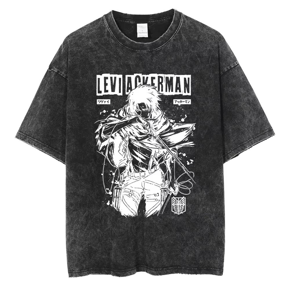 Summer Hot Sale Anime Attack On Titan Eren Jaeger Print Washed T-shirts Men Women Casual Retro Cotton T Shirt Hip Hop Streetwear Oversized T-shirt