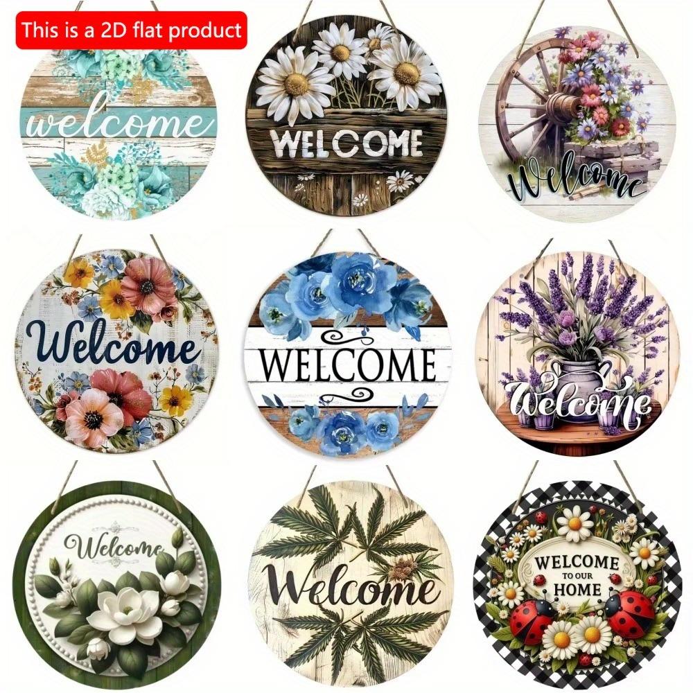 Vintage Welcome Flower Plant Sign, Round Wooden Wreath Sign for Home Room Farmhouse Porch Bar Cafe Wall Decor, Gift for Friends