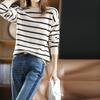 Autumn Knit Top Round Neck Stripe Color Block Drop Shoulder Sweater Pullover Versatile Base Layer