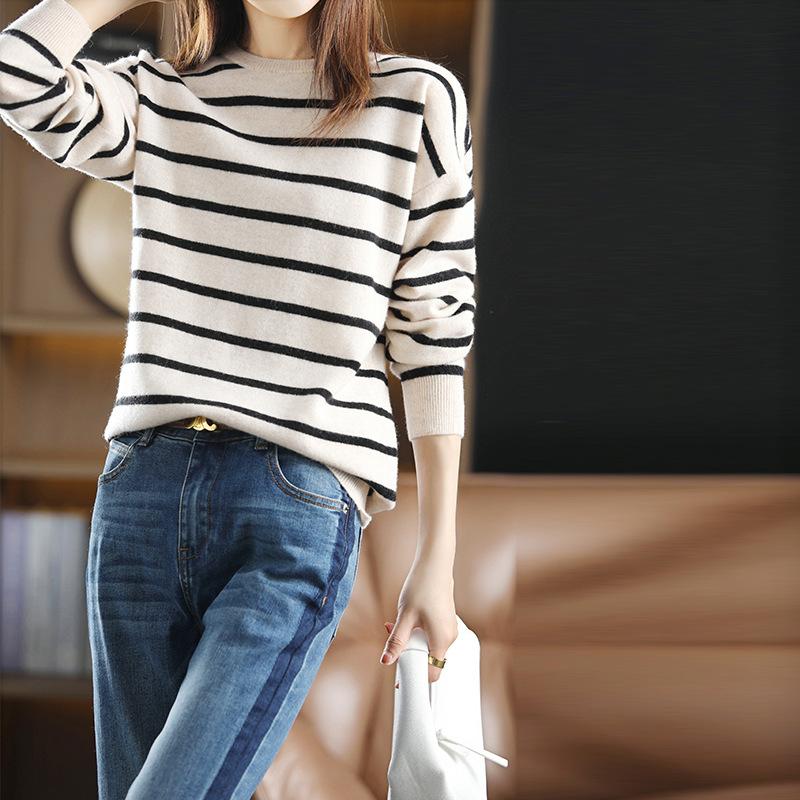 Autumn Knit Top Round Neck Stripe Color Block Drop Shoulder Sweater Pullover Versatile Base Layer