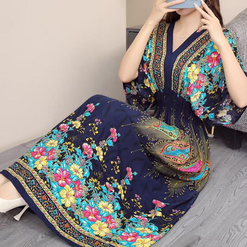 Этническое платье с V-образным вырезом и короткими рукавами из вискозы с французско-тайским принтом для женщин, к 25-летнему юбилею