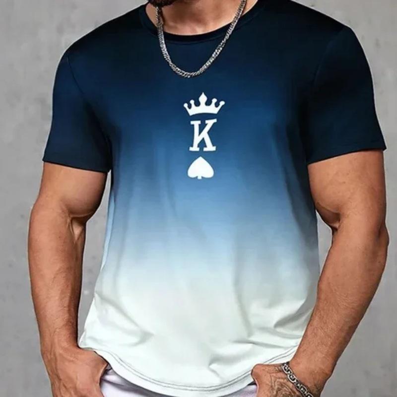 Summer Round Neck 3D Gradient Spade K Pattern Print Top Fashionable Casual Short Sleeved Men's T-shirts