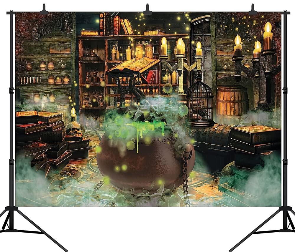 Halloween Photo Backdrop Witch Magic Cauldron Bookshelf Spooky Room Hoilday P...