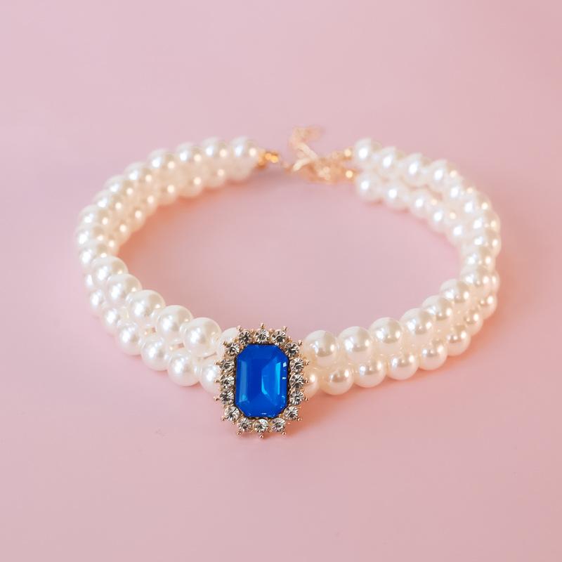 Pet Collar Cat Dog Pearl Necklace Double Stacked Premium Protein Gem Set with Rhinestones