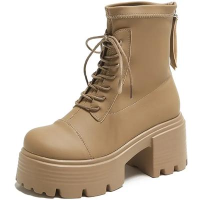 Модные зимние теплые коричневые кожаные ботильоны женские осенние туфли на высокой платформе с мехом женские каблуки 8 см массивные мотоциклетные ботинки ботильоны женские