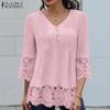 Women Casual V-neck Lace Splice 3/4 Sleeve Loose Blouse