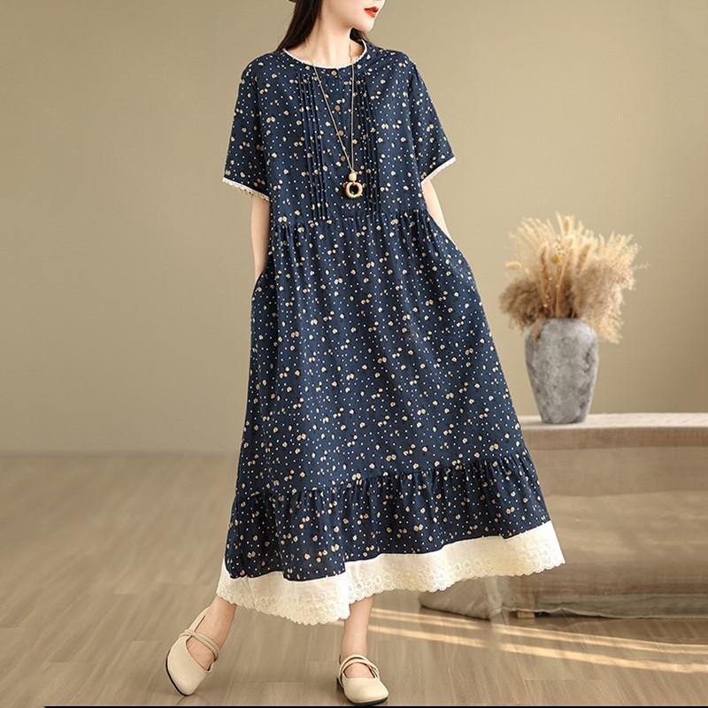 Короткий рукав Плюс размер Хлопок лен винтажный цветочный новый в платьях для женщин повседневное свободное длинное летнее платье