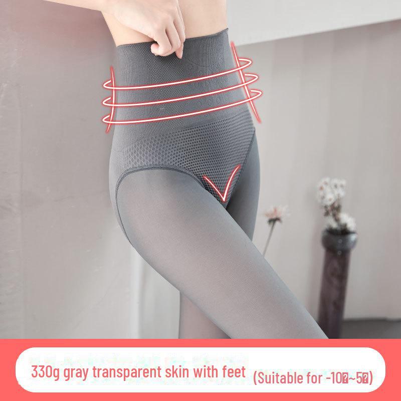 Grey Faux Sheer High-Waist Thermal Leggings - Women's Autumn/Winter Plus Velvet Warmth.