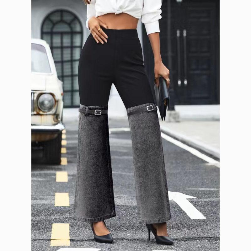 Spring Ladies Fashionable Slim Denim Spliced Wide Leg Casual Pants