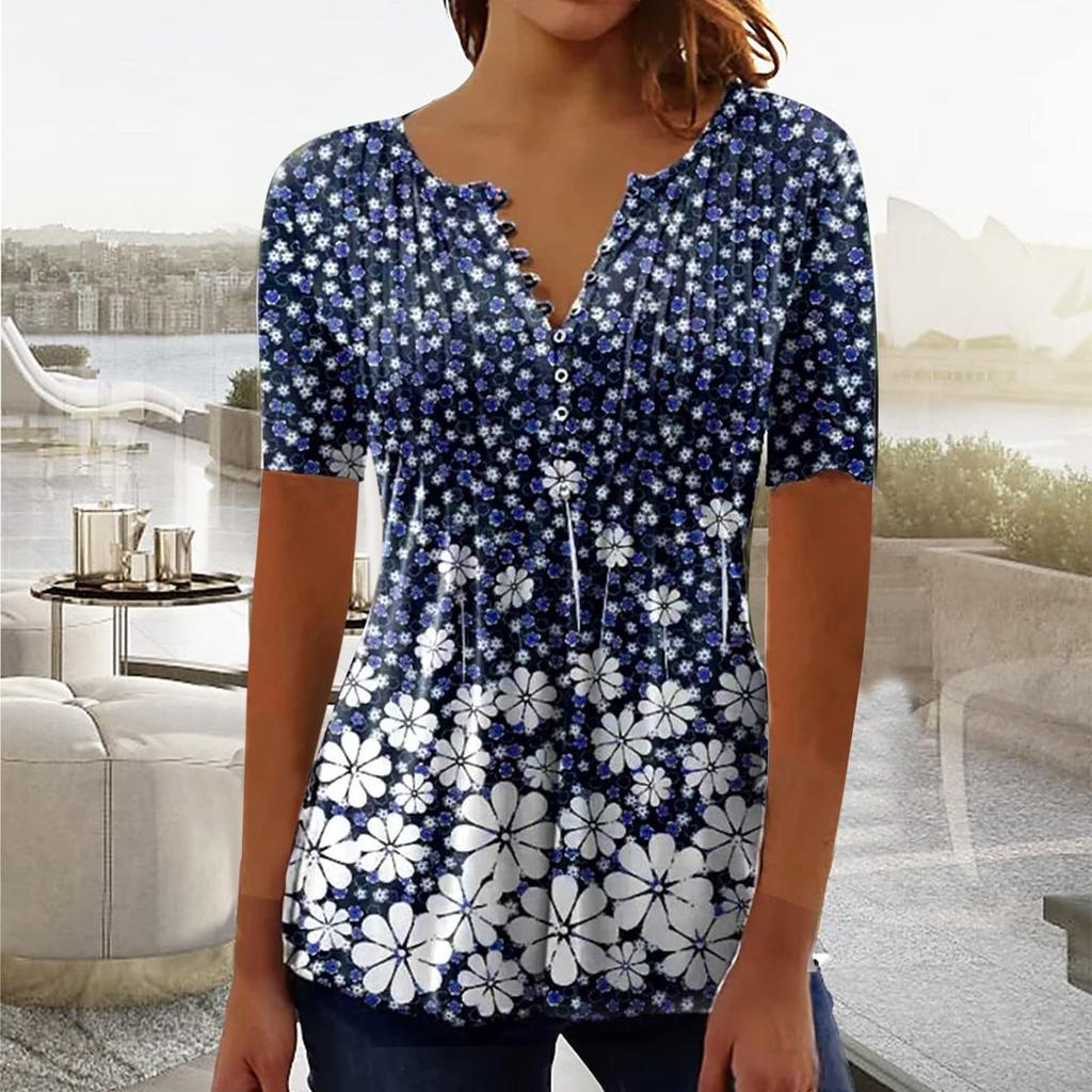 Color Block Tunic Tops For Women Floral Print Crewneck Casual Blouse Buttons Pleated Short Sleeve Loose Pullover Shirt