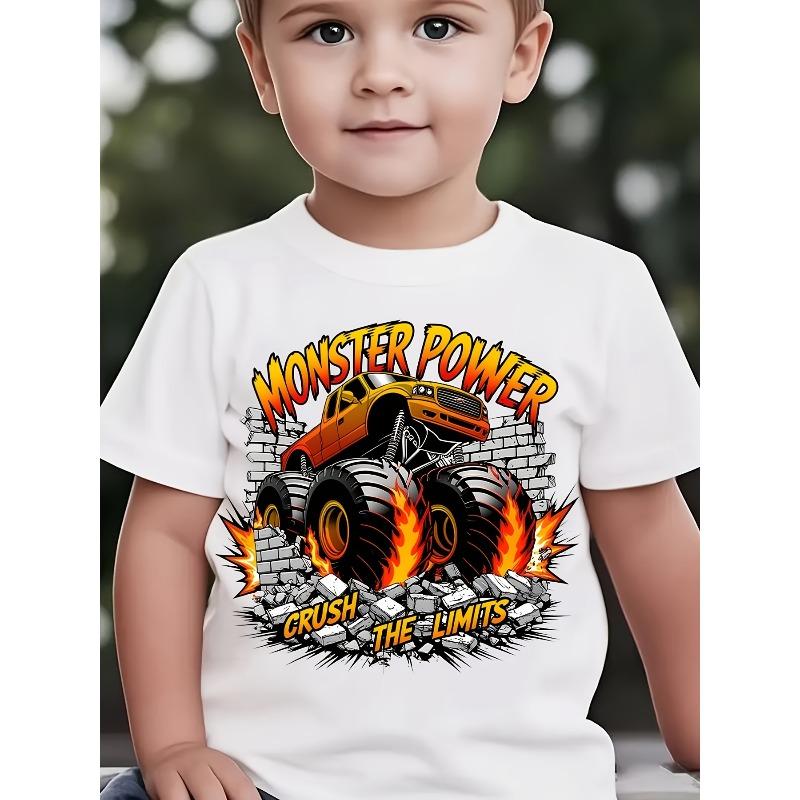 Summer Fashion Boys Short Sleeve T-Shirt Breaking Wall Monster Truck Cartoon Pattern Print Casual