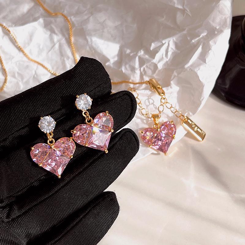 Комплект из позолоченных серебряных сережек в форме сердца и колье в форме сердца из циркония 5А для женщин