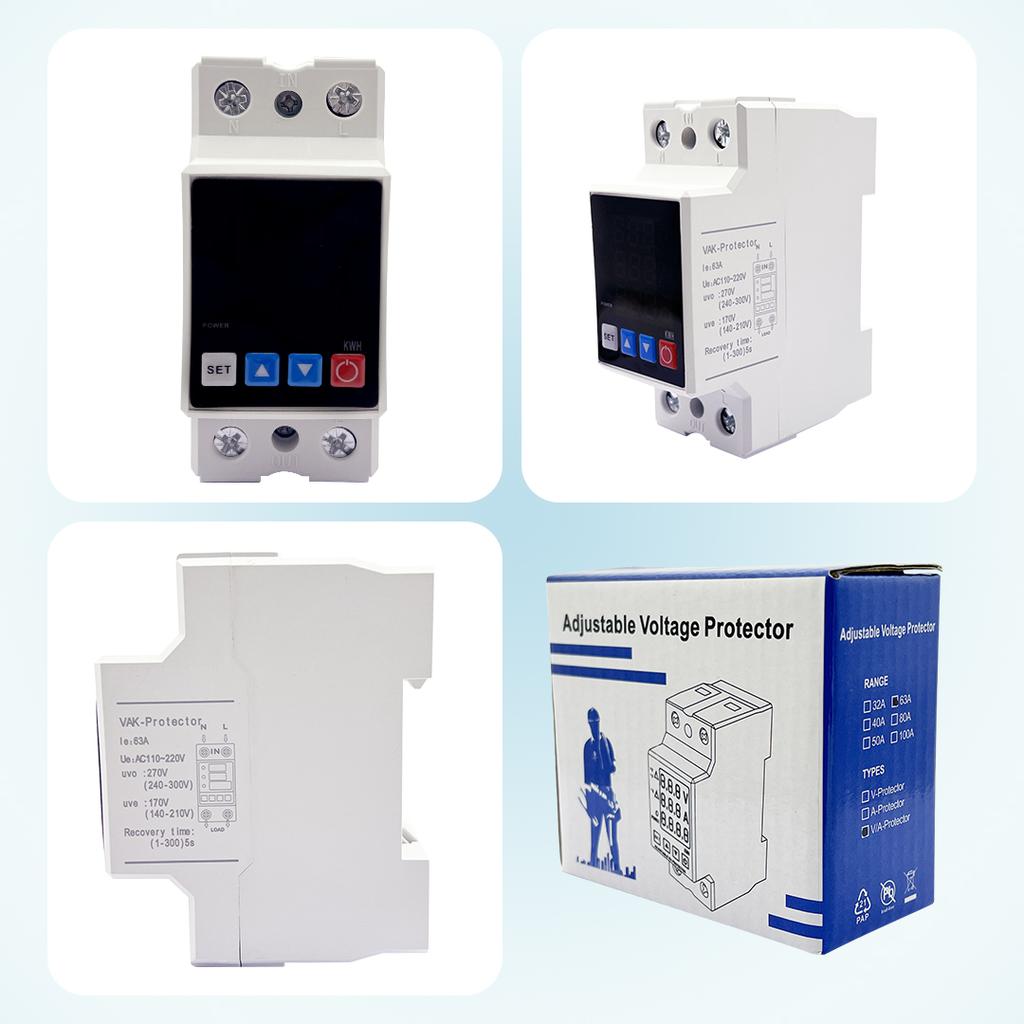 2P 4P Display Adjustable Overvoltage Current and Undervoltage Protection Device Relay 1-63A 230V