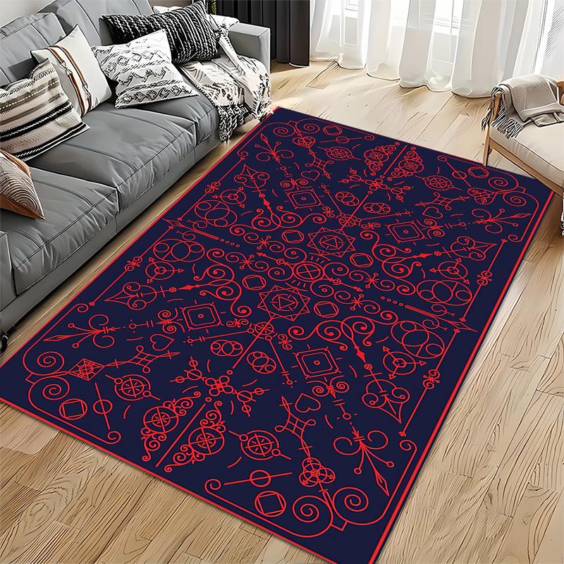 Modern Dark Blue Carpet with Red Geometric and Swirl Patterns Suitable for use as an anti-slip for living room bedroom sofas