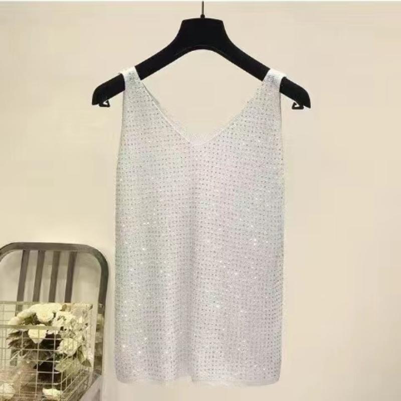 Women Summer New Sexy V-neck Loose Short Sleeveless Ice Silk Bottoming Shirt Casual Lightweight Cool Basic Top for Daily Wear Street