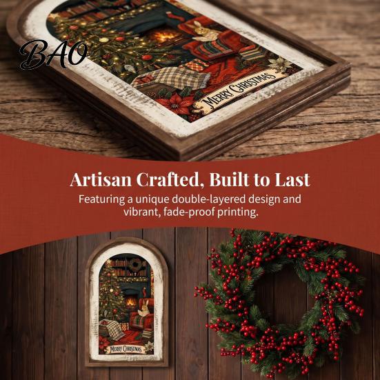 Hanging Xmas Ornaments Rustic Christmas Wooden Decoration, Vintage Arched Window Frame Wall Decor Decor, Winter Holiday Party Table Sign