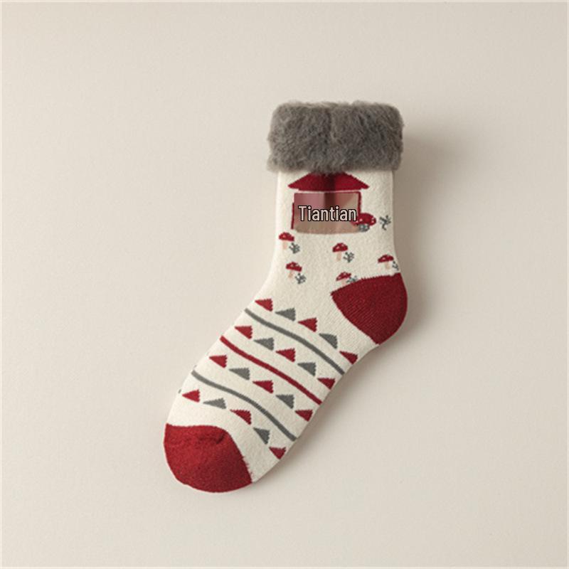 Женские красные носки до середины икры из утолщенной махровой ткани с начесом и японским мультяшным лосем - 24 Зимние Новые Рождественские Носки