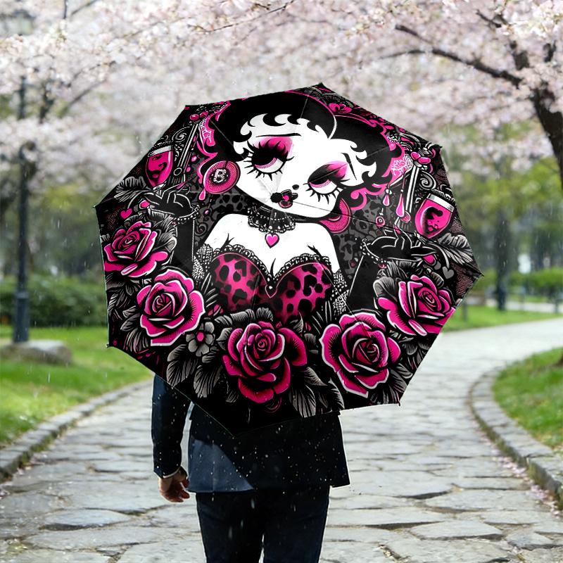 1pc Sturdy 8-Bone Auto Umbrella, Betty Boop Umbrella, Digital Printed, Foldable Umbrella for On-the-Go Outdoor Use