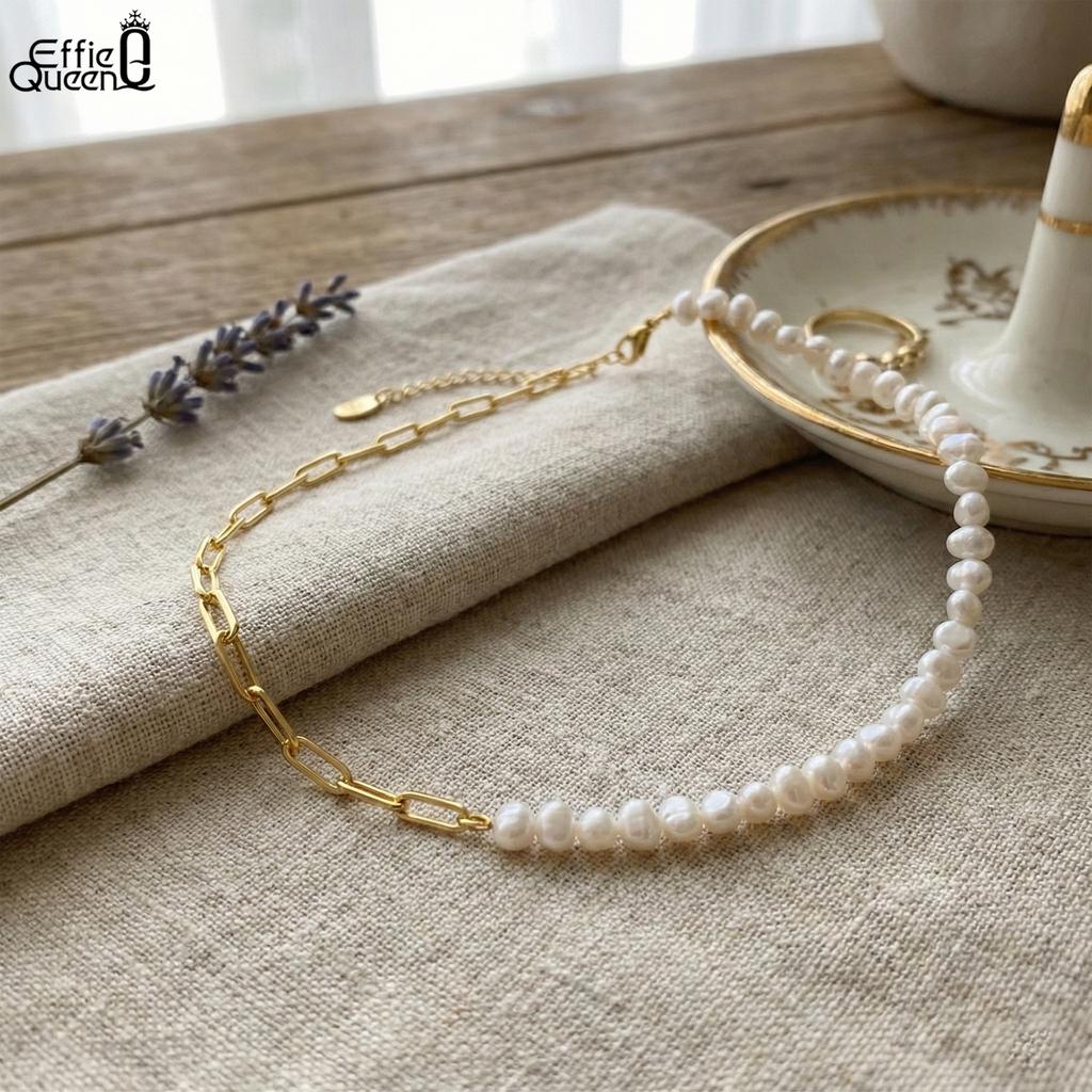 EFFIE QUEEN 925 Проба Стерлинговое Серебро Элегантный 14K Золото Натуральный Пресноводный Жемчуг Колье-чокер Звенья Цепи Бусины Подарок GPN13