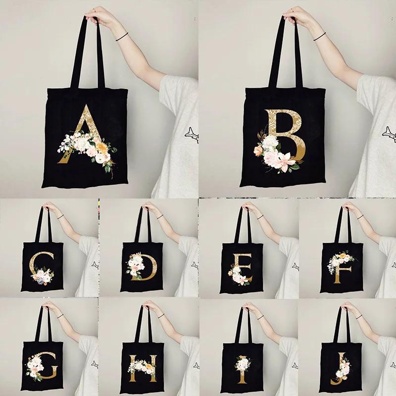 Gold Letter Flower Canvas Bag Women's Shopping Bag Reusable Large Capacity Portable Handbag Harajuku Student Shoulder Bag