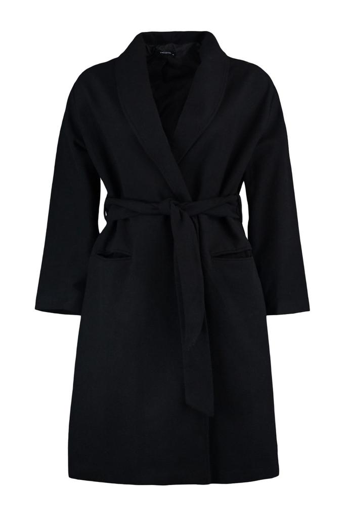 Women's Style Plus Size Black Belted Oversize Stitched Woven Coat
