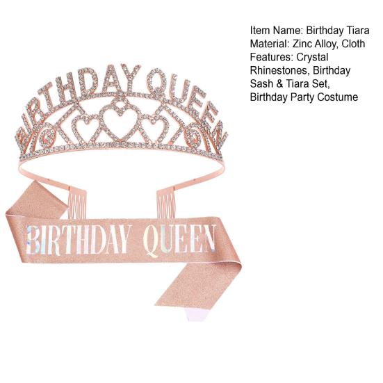 Birthday Queen Tiara Sash Set Rhinestone Cown Comb Happy Birthday Sash Festive Headwear for Women Party Decor